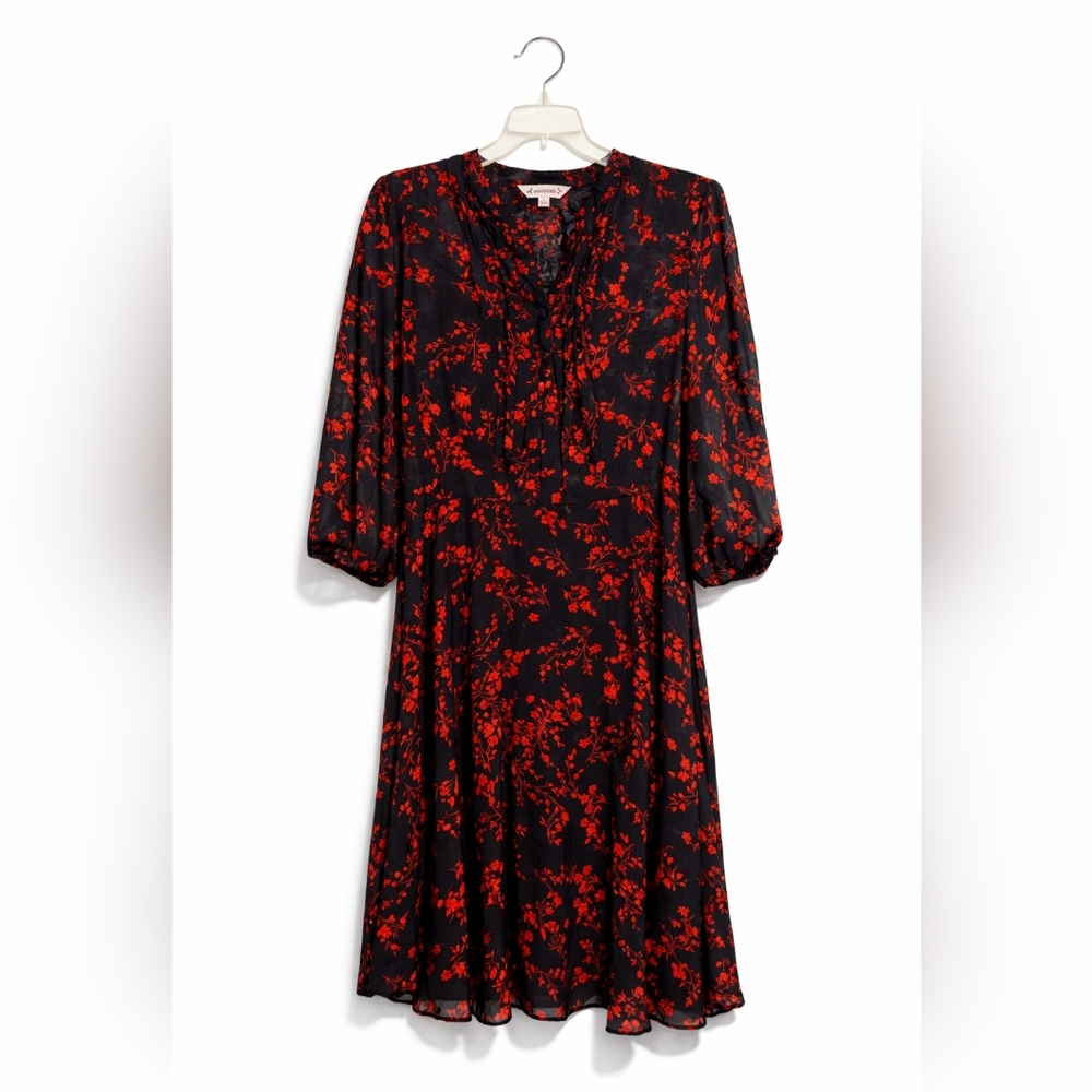Nanette Lepore Black & Red Floral Long Sleeve Sheer Flowy Dress Size 10